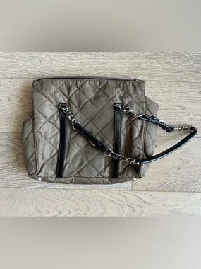 PRADA Quilted Shoulder Tote in Taupe with Black Trim